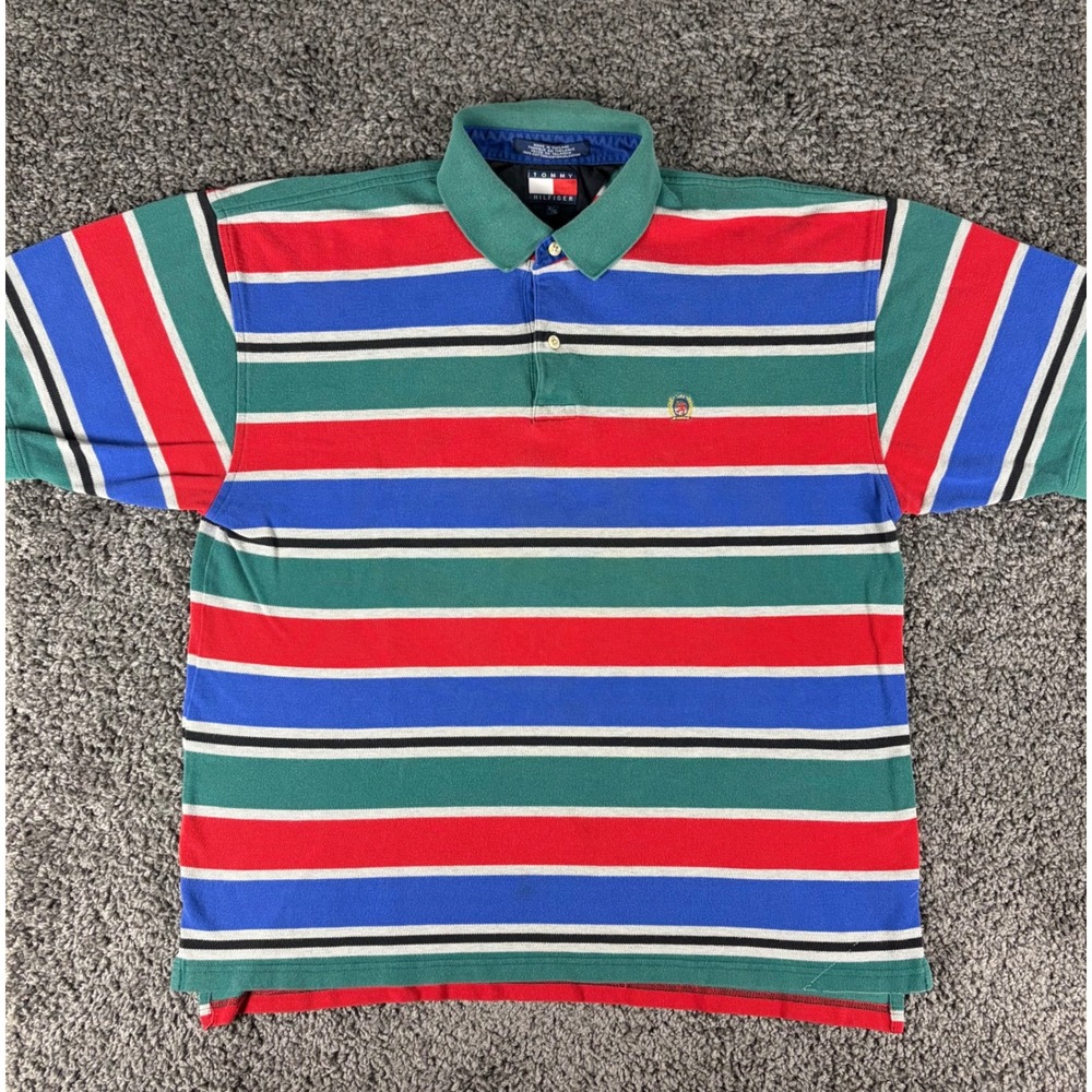 Vintage 90s Tommy Hilfiger Striped Polo Shirt Mens XL Multi Color Crest Logo